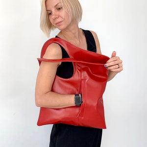 Red leather handbag Oversized clutch purse Fold over bags Slouchy hobo bags for women Asymmetrical purse Soft leather shoulder bag Genuine leather bag by Olena Molchanova.