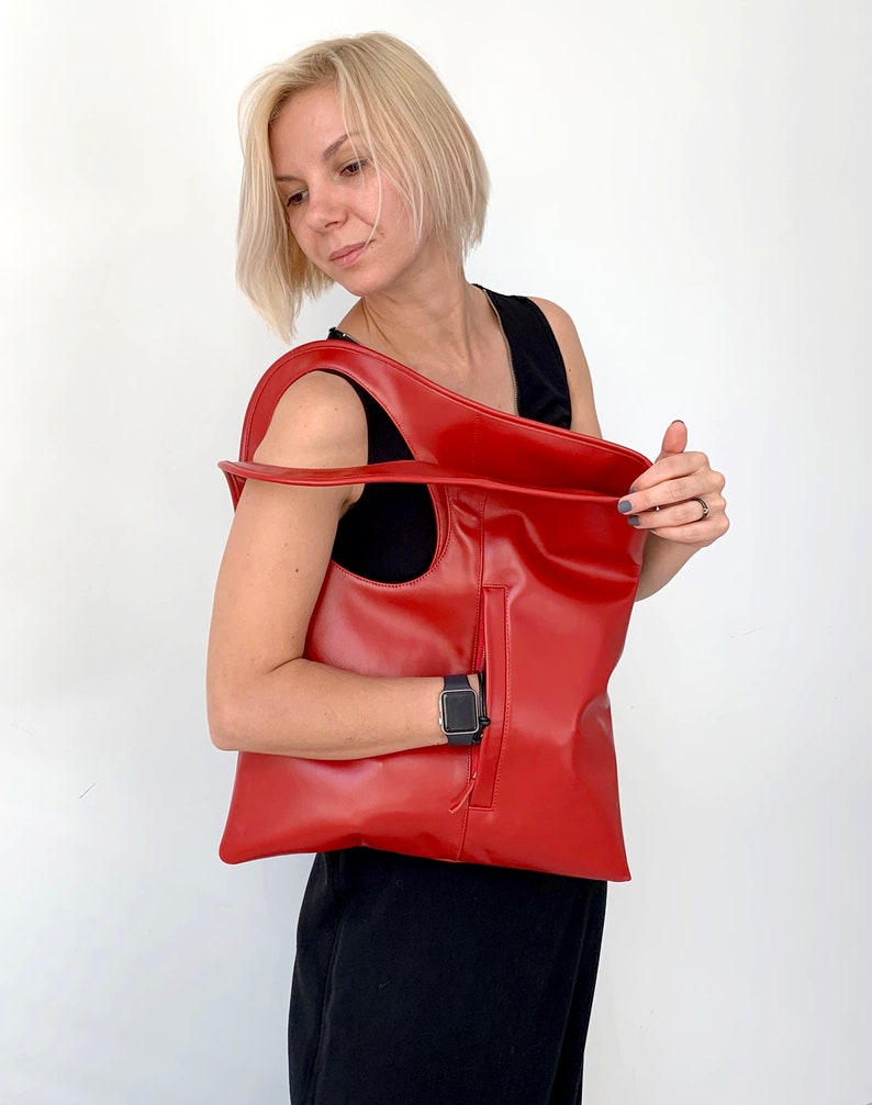 Red leather handbag Oversized clutch purse Fold over bags Slouchy hobo bags for women Asymmetrical purse Soft leather shoulder bag Genuine leather bag by Olena Molchanova.