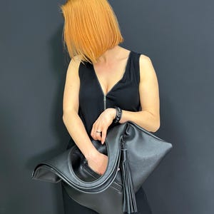 Yellow soft leather fold over clutch purse with tassel Oversized hobo bag Unique handbag for women