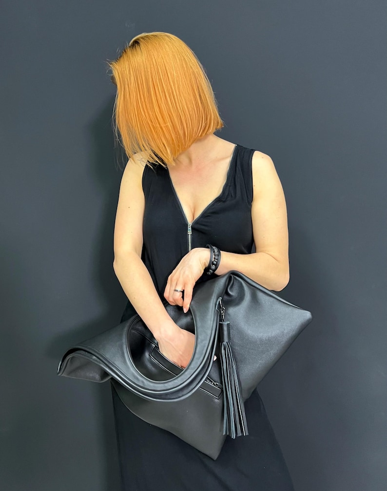 Yellow soft leather fold over clutch purse with tassel Oversized hobo bag Unique handbag for women