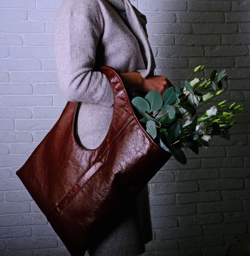 Brown leather hobo Messenger bag women Large leather tote Etsy