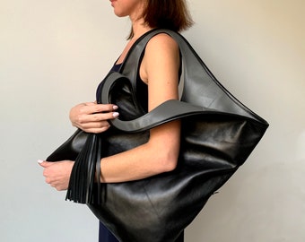 Black Leather Hobo Bag: Oversized Tote with Tassel