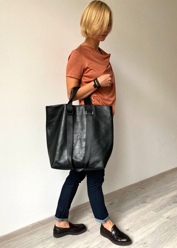 Zwarte leren shopper Oversized draagtas Echt leren tas voor dames Designer handtassen Unieke portemonnee Moderne handtassen Etsy Belgie