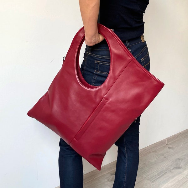 Large leather tote bag Soft leather handbags for women Oversized hobo bag Red leather purse