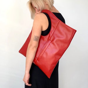 Red leather handbag Oversized clutch purse Fold over bags Slouchy hobo bags for women Asymmetrical purse Soft leather shoulder bag Genuine leather bag by Olena Molchanova.