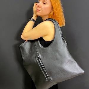 Handmade Black Leather Hobo Bag: Extra Large Tote Purse
