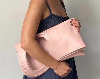 Oversized clutch bag Pink leather bag Large designer handbags for women Square leather bag Unique shoulder bag Ladies purse