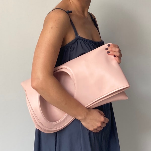 Oversized clutch bag Pink leather bag Large designer handbags for women Square leather bag Unique shoulder bag Ladies purse