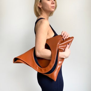 Leather triangle bag Oversized clutch bag Foldover leather clutch purse Caramel leather bag