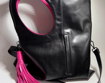 Black and Fuchsia Leather Hobo Bag Asymmetrical Statement Purse