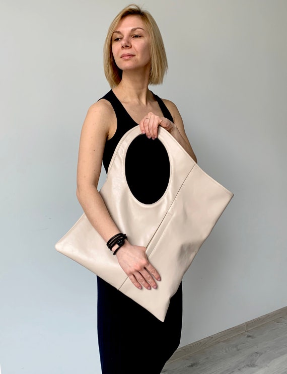 Beige leather shoulder bag Oversized handbags for women Square leather purse Soft leather bag Unique hobo bags Soft leather shopper