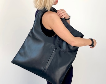 Handmade shoulder bags for women Genuine leather hobo bag Asymmetrical purse Large handbag Black leather shopper