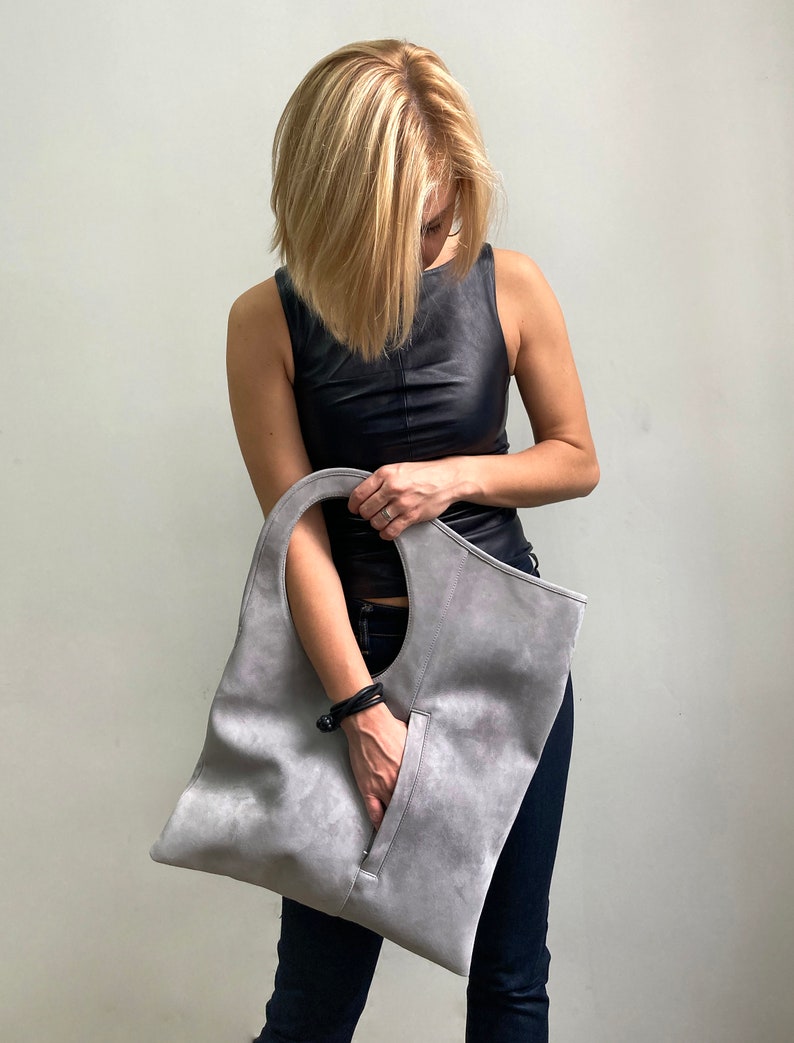 Large leather hobo bag Grey suede purse Oversized shoulder Etsy