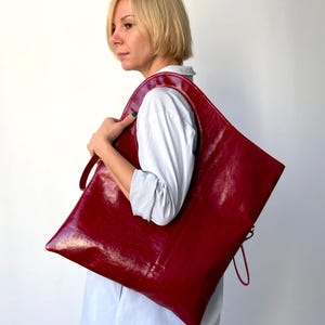 Red leather shoulder bag Large handbag for women Soft leather hobo bag Asymmetrical purse Armhole bag Genuine leather tote Unique shopper