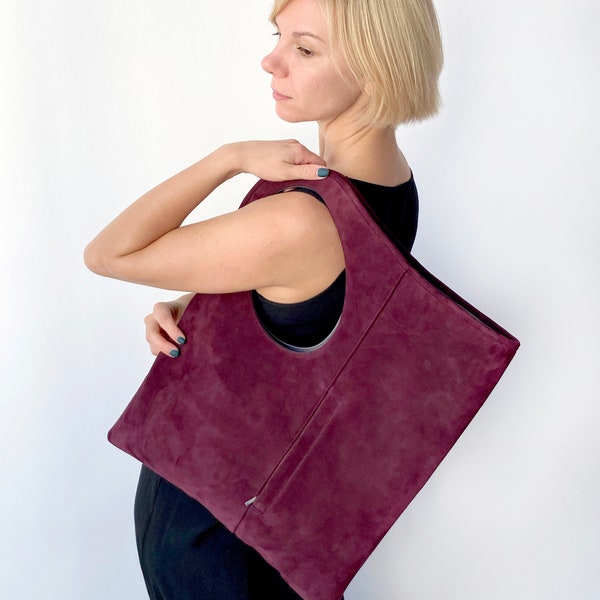 Burgundy purse Suede tote bag for women Medium handbag with exterior pocket Ladies hobo bag Wine leather bag