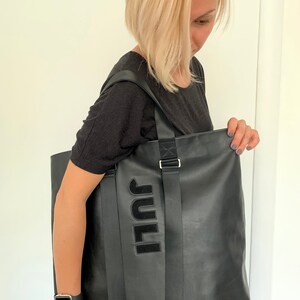 Leather tote handbag for women Monogrammed leather purse Custom shopper bag Black leather tote bag personalized Black leather shopper