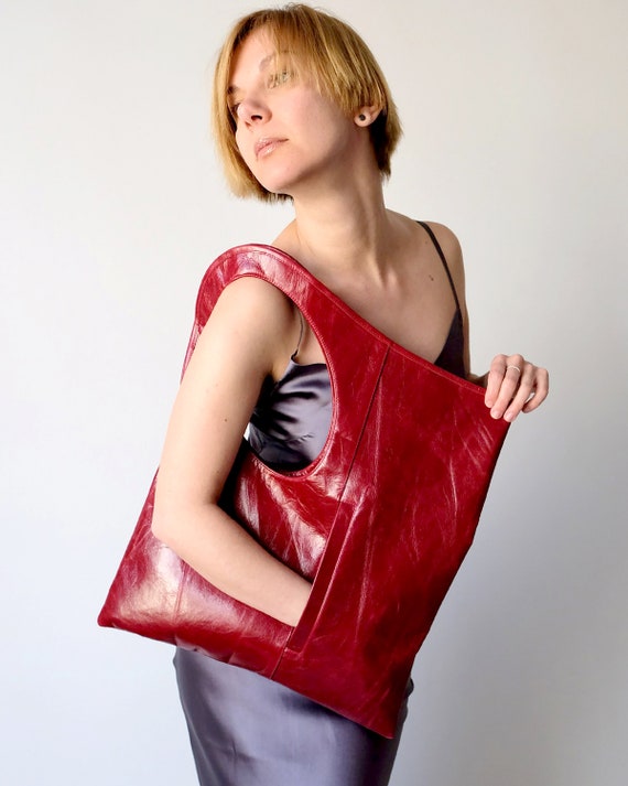 Large Leather Tote Bag. Burgundy Color. Shoulder Bag. Hobo 