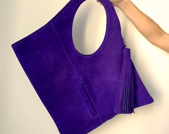Handmade Royal Blue Suede Hobo Bag: Large Minimalist Purse with Tassel