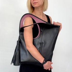 Beige leather tote bag for women Large leather handbag Asymmetrical purse Unique shoulder bag Soft leather shopper