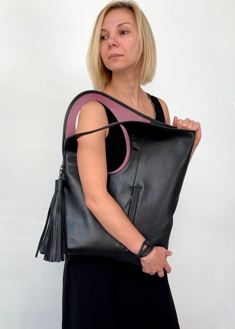 Beige leather tote bag for women Large leather handbag Asymmetrical purse Unique shoulder bag Soft leather shopper