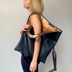 Blue leather purse Real leather hobo bag Designer bag Genuine leather handbags for women Navy blue shoulder bags Extra large leather shopper by Olena Molchanova.