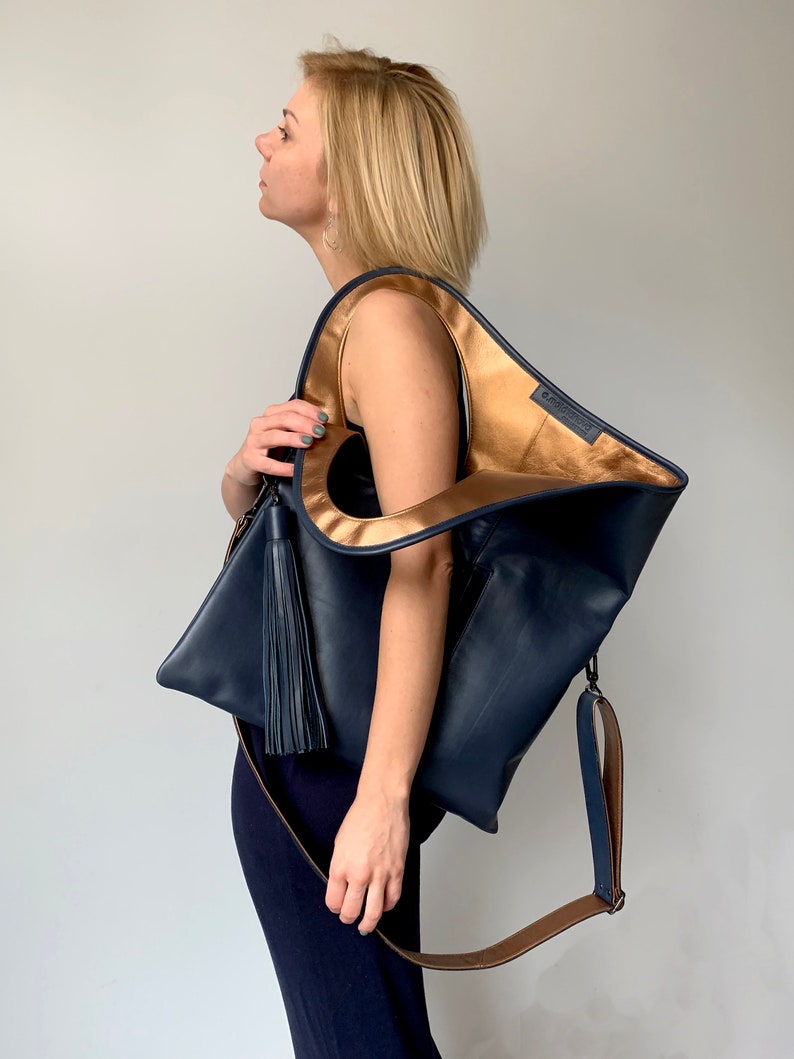 Blue leather purse Real leather hobo bag Designer bag Genuine leather handbags for women Navy blue shoulder bags Extra large leather shopper by Olena Molchanova.