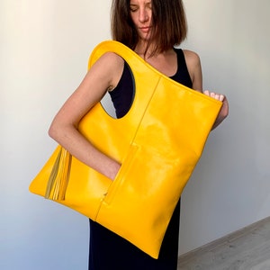 Yellow leather purse for women Oversized hobo bag Leather shoulder bag Unique leather handbag Handmade tote Bright bag Giant bag