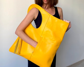 Bolso hobo holgado de piel color amarillo mostaza Bolso de hombro con asa y abertura en la sisa Bolso de mano para mujer
