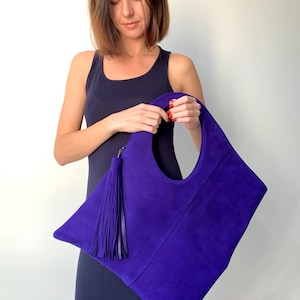 Bolso de hombro grande Bolso de ante Bolsos azules para mujer Monedero hobo de piel Bolso brillante Bolso holgado con borla Bolso hecho a mano