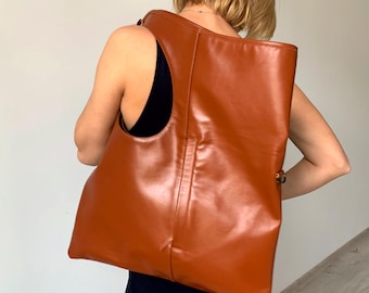 Bolso de hombro de piel color coñac: bolso grande de piel suave, moderno bolso shopper