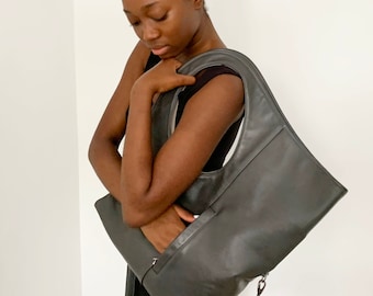Grey Leather Hobo Bag: Large Soft Tote Handbag with Pocket