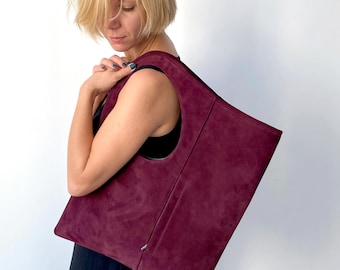 Bolso de ante burdeos Monedero granate hecho a mano Bolso de hombro mediano para mujer
