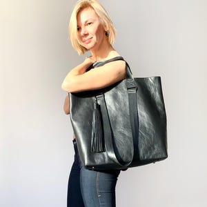 Black leather shopper with tassel Large tote bag for women Genuine leather purse Soft leather handbag Ladies bags and purses Modern handbag