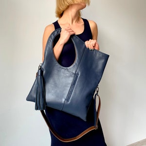 Blue leather purse Real leather hobo bag Designer bag Genuine leather handbags for women Navy blue shoulder bags Extra large leather shopper by Olena Molchanova.