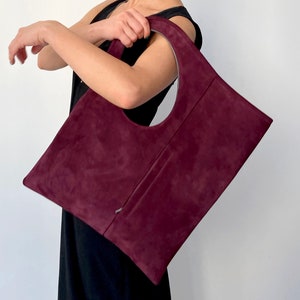 Wildleder Hobo Tasche Einzigartige Schultertasche Burgundy Wildleder Geldbörse Handgemachte Handtasche für Frauen Mittlere Einkaufstasche Damen Wildleder Geldbörse