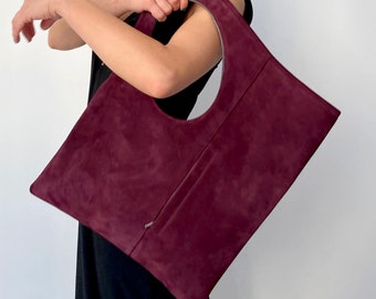 Suede hobo bag Unique shoulder bag Burgundy suede leather purse Handmade handbag for women Medium tote bag Ladies suede purse