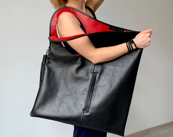 Oversized Black Leather Tote Bag: Modern Soft Leather Hobo Purse