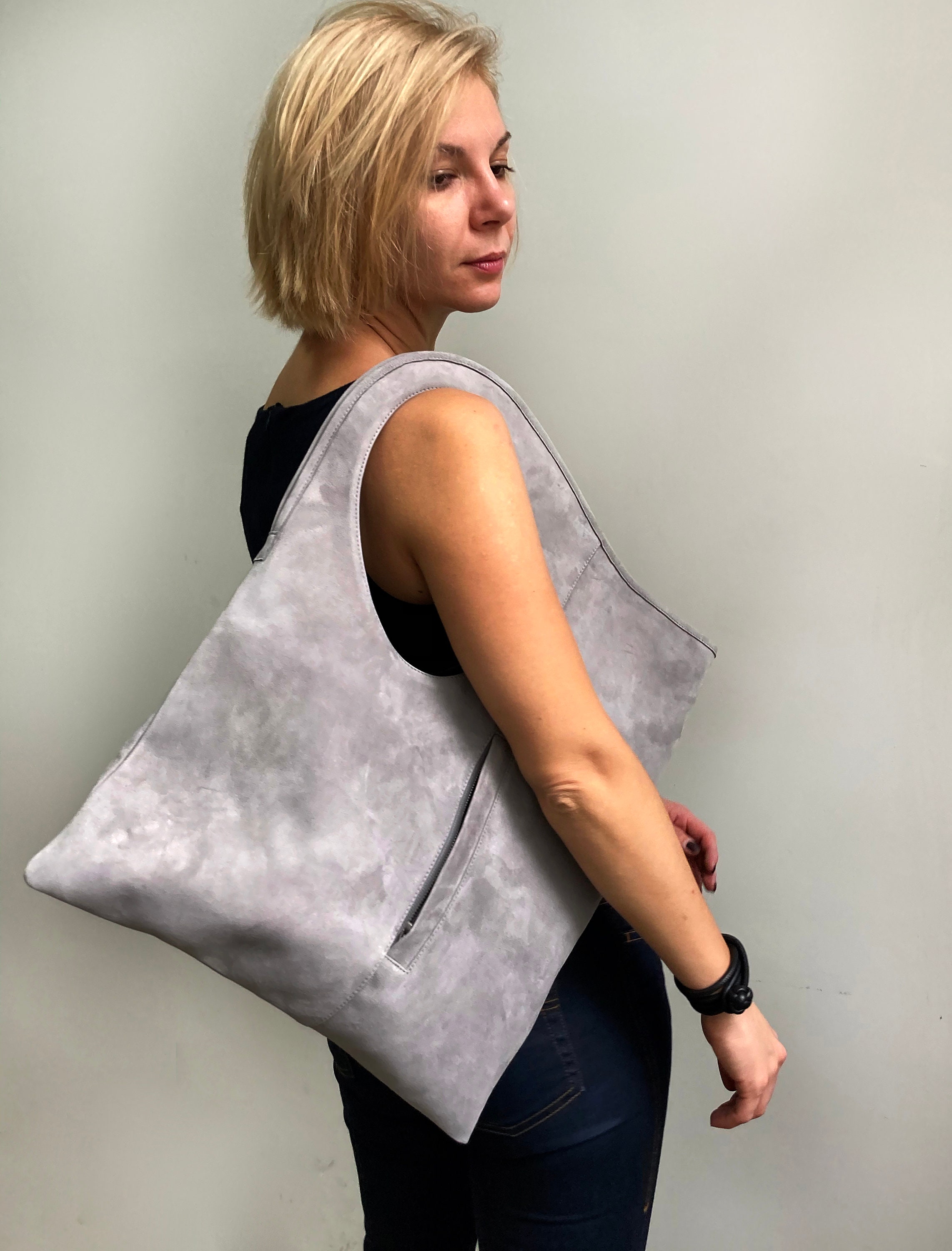 Grey suede hobo bag hot sale