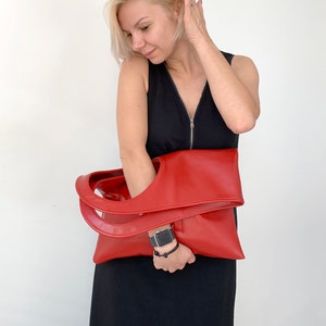 Red leather handbag Oversized clutch purse Fold over bags Slouchy hobo bags for women Asymmetrical purse Soft leather shoulder bag Genuine leather bag by Olena Molchanova.