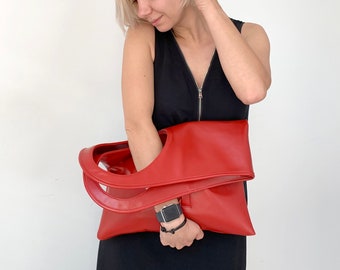 Red leather handbag Oversized clutch purse Fold over bags Slouchy hobo bags for women Asymmetrical purse Soft leather shoulder bag