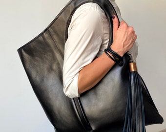 Large shoulder bag Women black leather hobo purse: Unique armhole handle handbag with tassel