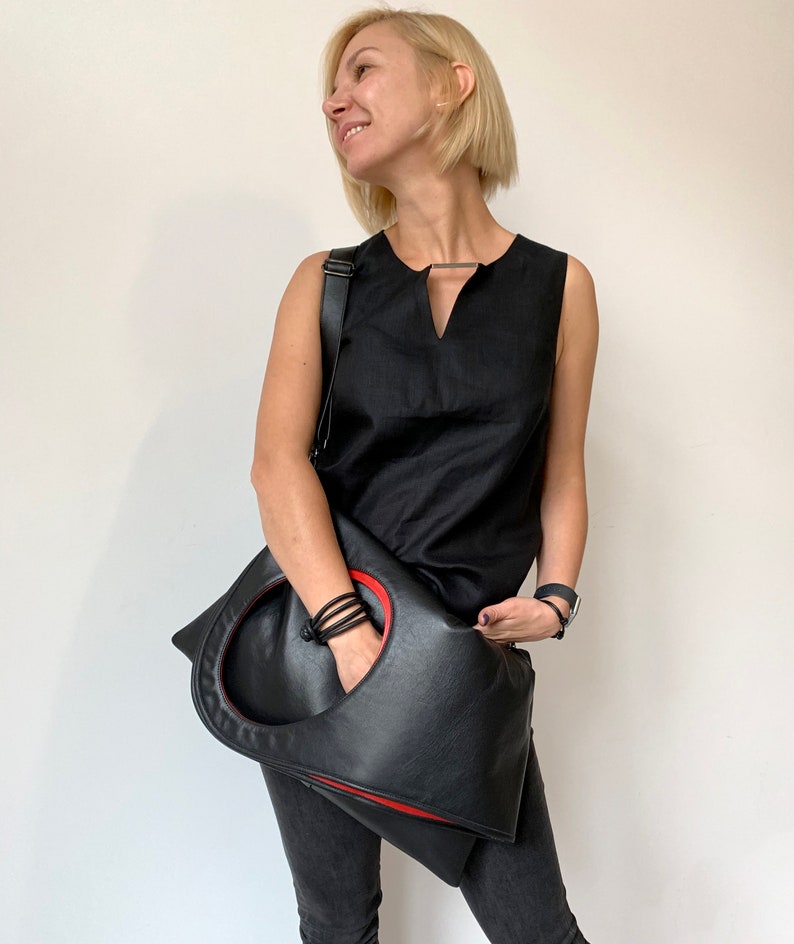 Black leather crossbody purse Oversized shopper Unique handbags for women Genuine leather bag Asymmetrical purse image 1