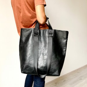 Extra large leather tote bag Black leather shopper Oversized leather purse for women