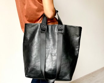 Extra large leather tote bag Black leather shopper Oversized leather purse for women
