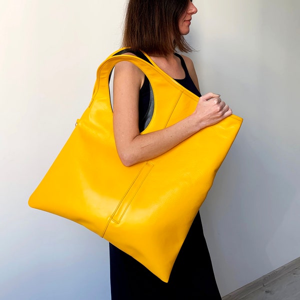 Bolso tote de cuero amarillo: bolso hobo asimétrico extragrande