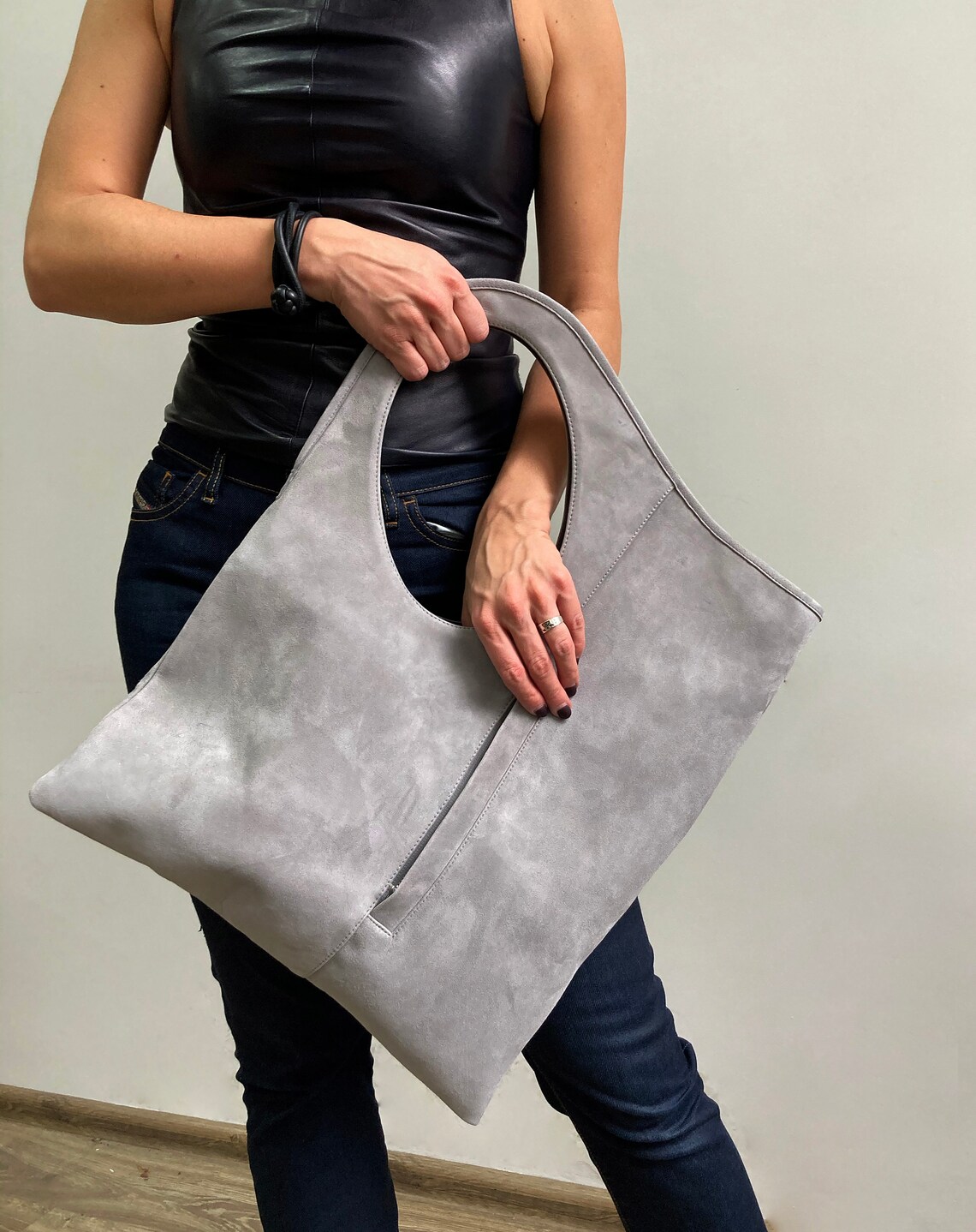 Large leather hobo bag Grey suede purse Oversized shoulder Etsy