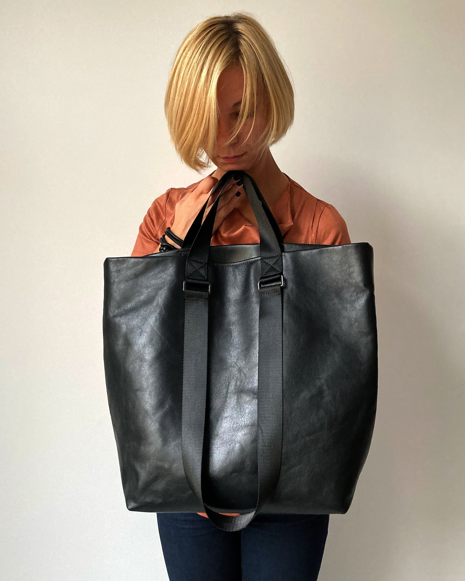 Black leather tote bags for women Large shopper bag Unique Etsy