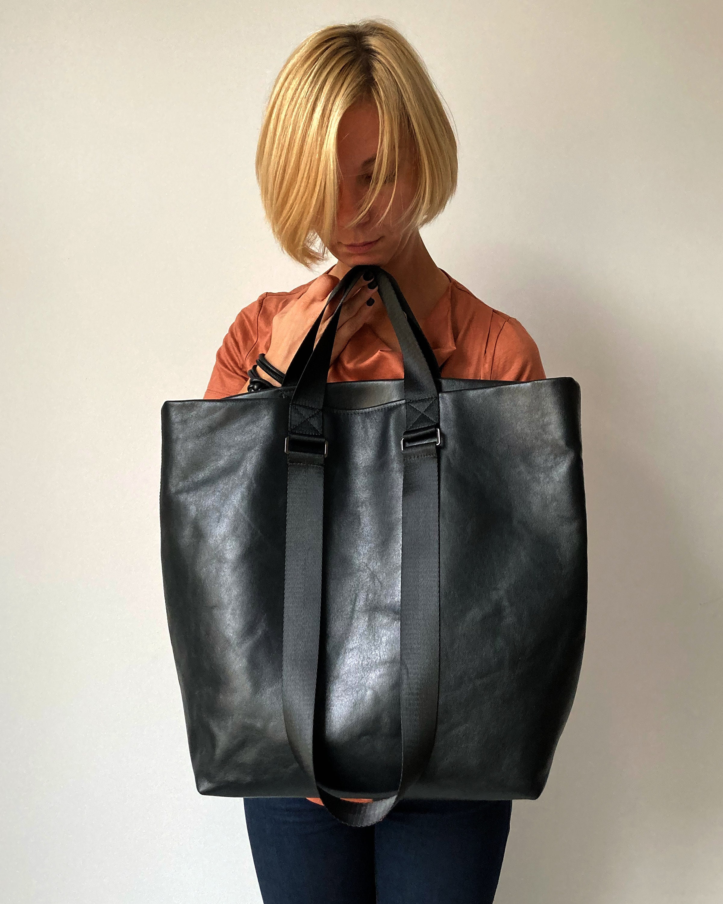 Black leather tote bags for women Large shopper bag Unique Etsy