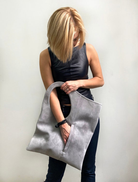 Large Slouchy Bag Grey Suede Purse Oversized Clutch for Women 