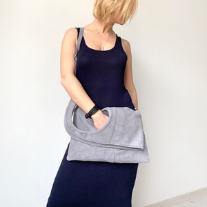 Suede bag for women Grey leather handbag Oversized hobo bag Asymmetrical purse Medium purse Unique tote by Olena Molchanova